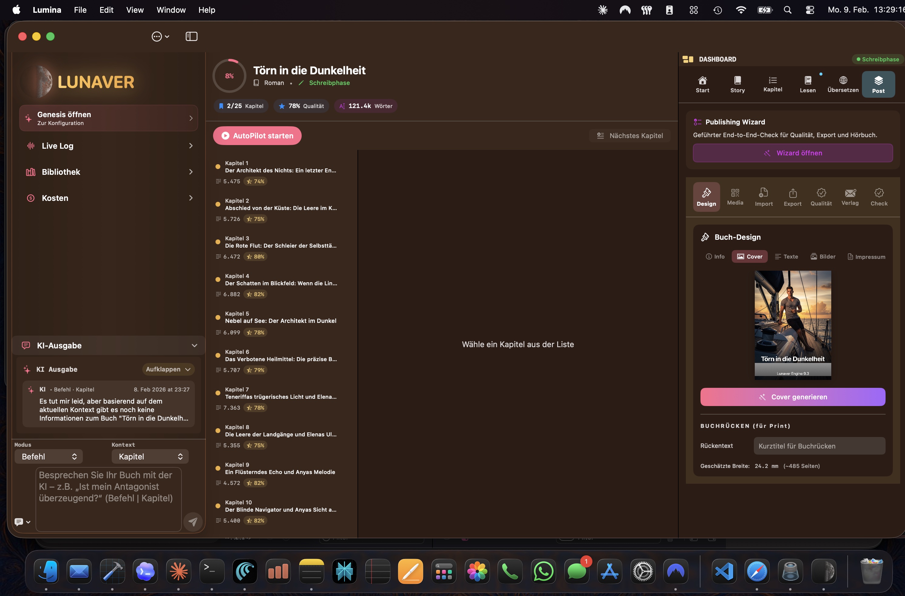 LUNAVER – Dunkles Theme, Kapitelübersicht, Publishing Wizard, Buch-Design