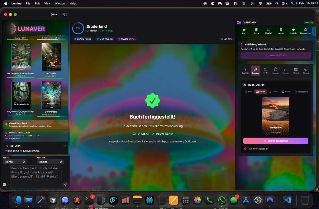 LUNAVER auf iPhone 17 Pro Max – Bruderland fertiggestellt, Export-Dashboard